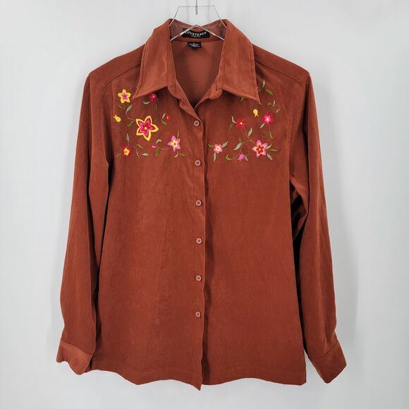 Courtenay Stretch Shirt Women's 6 Embroidered Button Up Faux Suede Brown - Picture 9 of 13